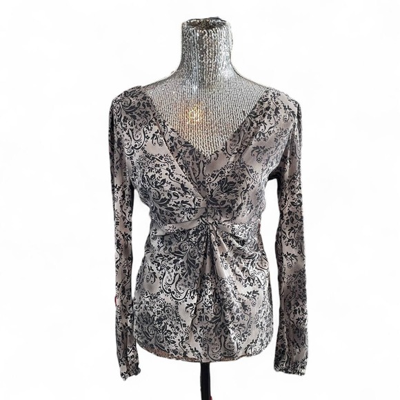 Vintage Y2K Fairy Grunge Mesh Brown Floral Ruched Long Sleeve Babydoll Top Large - Picture 1 of 6